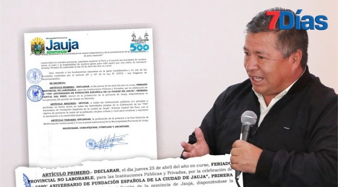 Alcalde de Jauja declara feriado no laborable para toda su provincia