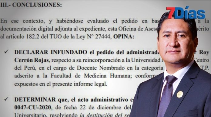 Asesoría Legal de la UNCP recomienda no reincorporar a Cerrón como docente