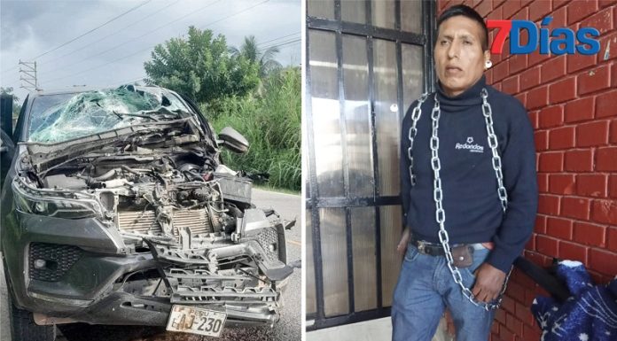 Agricultor se encadena y exige pago para reparar su camioneta chocada