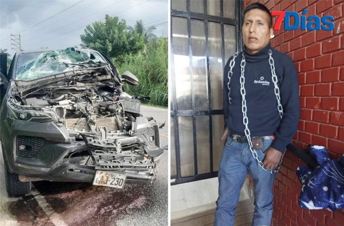 Agricultor se encadena y exige pago para reparar su camioneta chocada