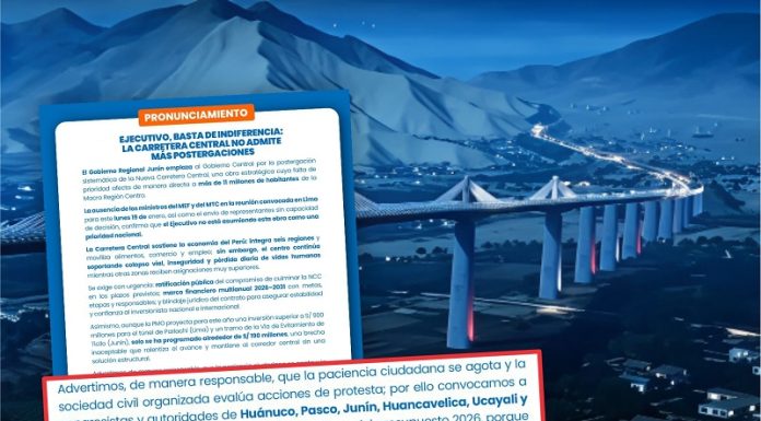 Alertan sobre una protesta macro regional para exigir más presupuesto para la Carretera Central