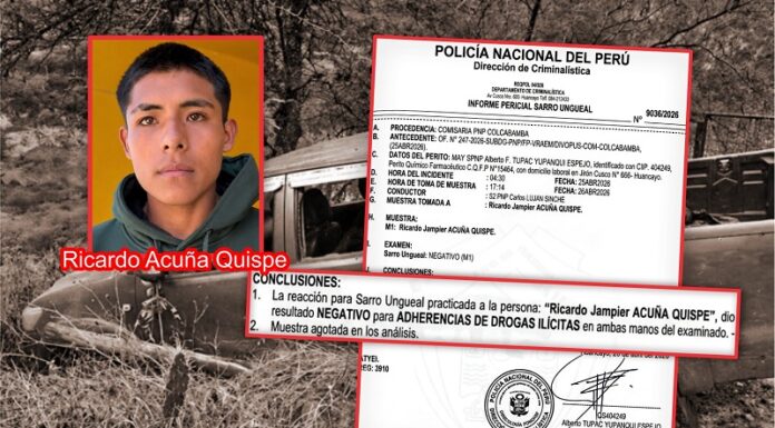 Pericia practicada en sobreviviente de Colcabamba arroja negativo para manipulación de droga